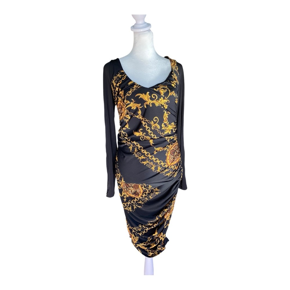 VENUS Slinky Body Con Black Gold Chain Stretch Ruched Sides Dress Sz S